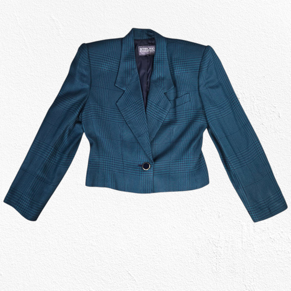 80s Vintage Green Navy Houndstooth Plaid Retro Workwear Power Skirt Suit Size 4 - Picture 5 of 16